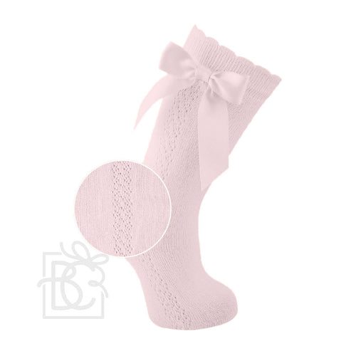 Fine Openwork Knee High Scottish Yarn Socks With Bow Soft Pink