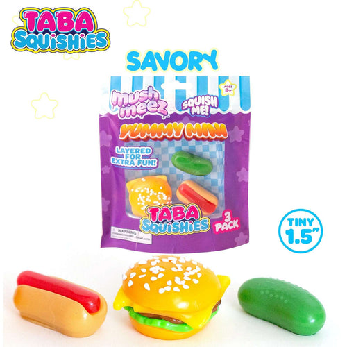MushMeez Taba Squishies Yummy Mini Burger, Hot Dog & Pickle Mini Squeeze Toy 3-Pack