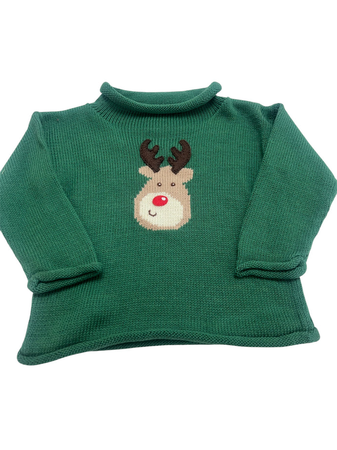 Roll Neck Sweater, Rudolph Head on Hunter Green