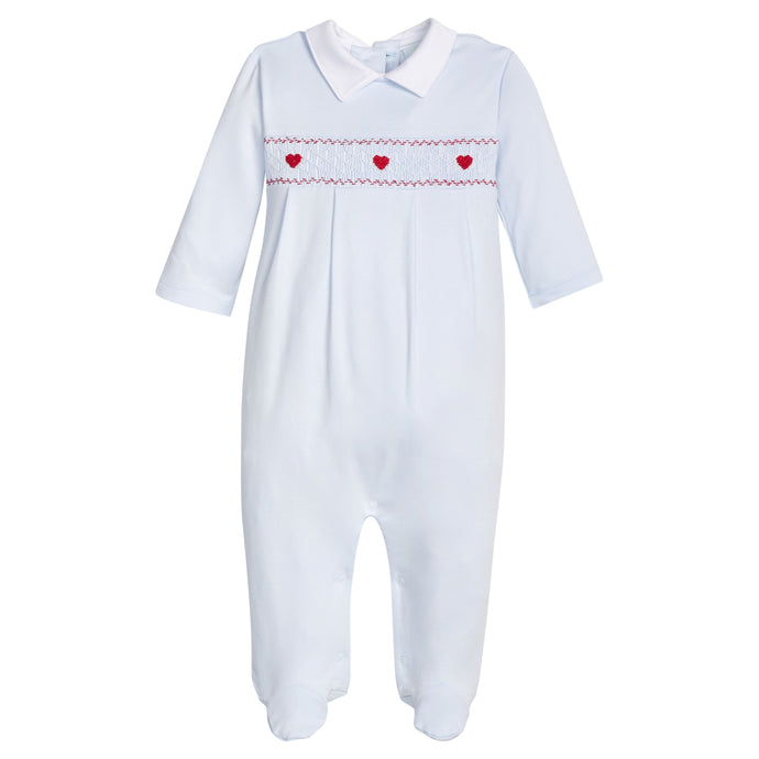 Smocked Footie Blue Hearts