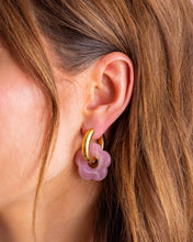 Huggie Earrings - Gold Hoops + Pink Acrylic Flowers - Laurel