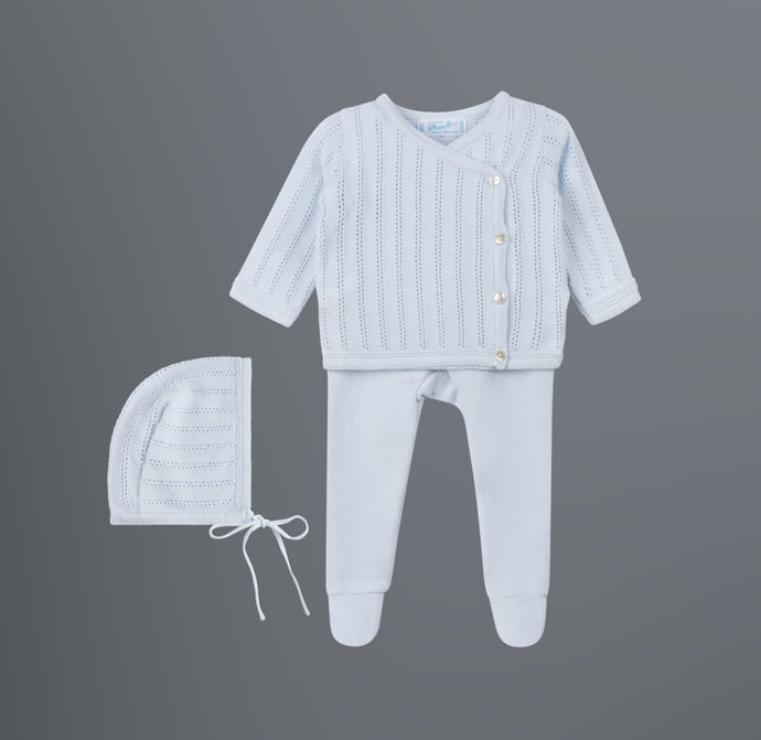 Blue Pointelle Knit Wrap Set With Hat