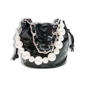 Pearl Handle Quilted Bucket Bag- Black