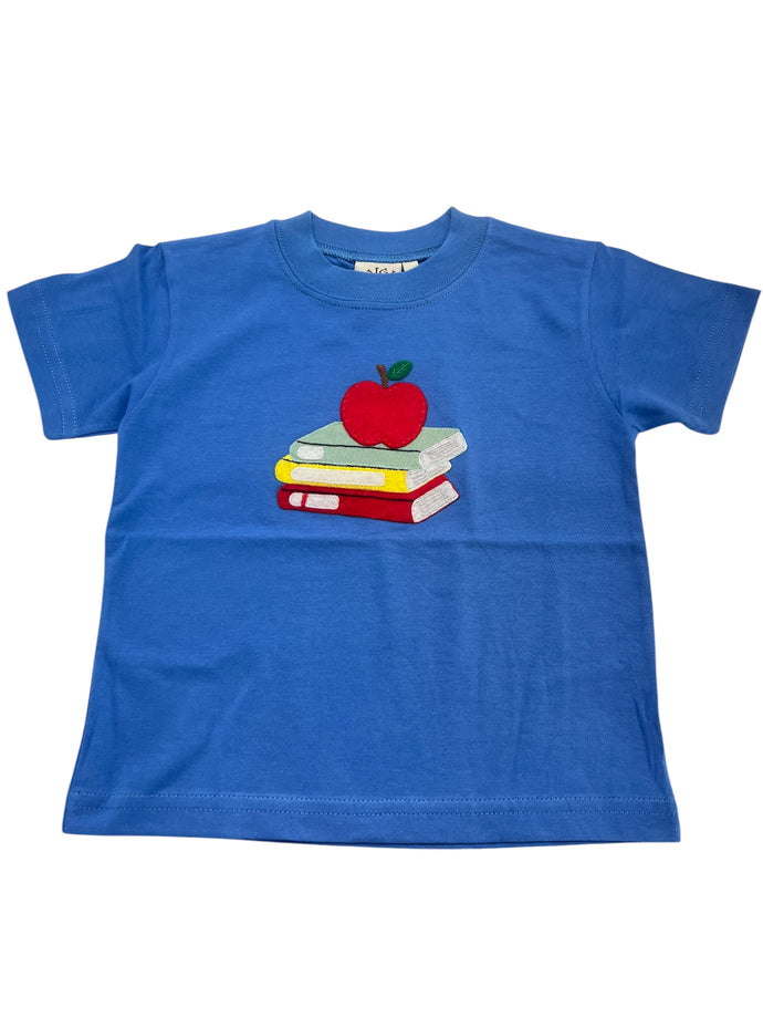 Boys Short Sleeve Shirt Apples with Stacked Books