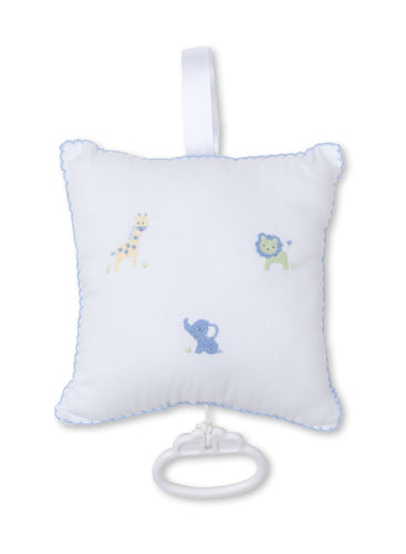 Jungle Friends White/Blue Hand Embroidered Musical Pillow
