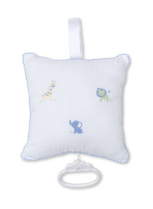 Jungle Friends White/Blue Hand Embroidered Musical Pillow