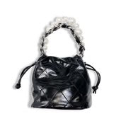 Pearl Handle Quilted Bucket Bag- Black