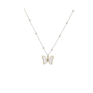 15" 18K GOLD PLATED GOLD & PEARL PAPERCLIP CHAIN NECKLACE WITH CLEAR CRYSTAL BUTTERFLY PENDANT