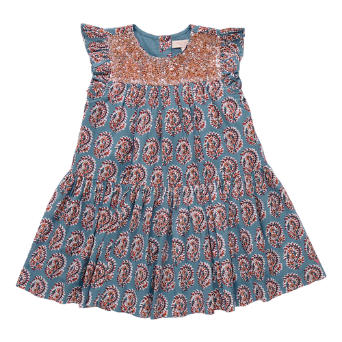 Fiona Ruffle Dress, Blue paisley