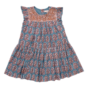 Fiona Ruffle Dress, Blue paisley