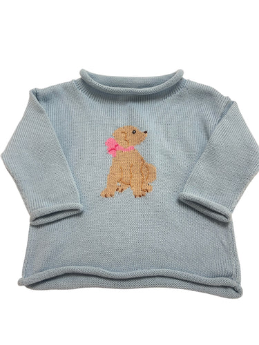 Girls Roll Neck Sweater, Puppy on Blue
