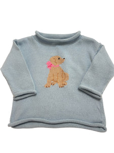 Girls Roll Neck Sweater, Puppy on Blue