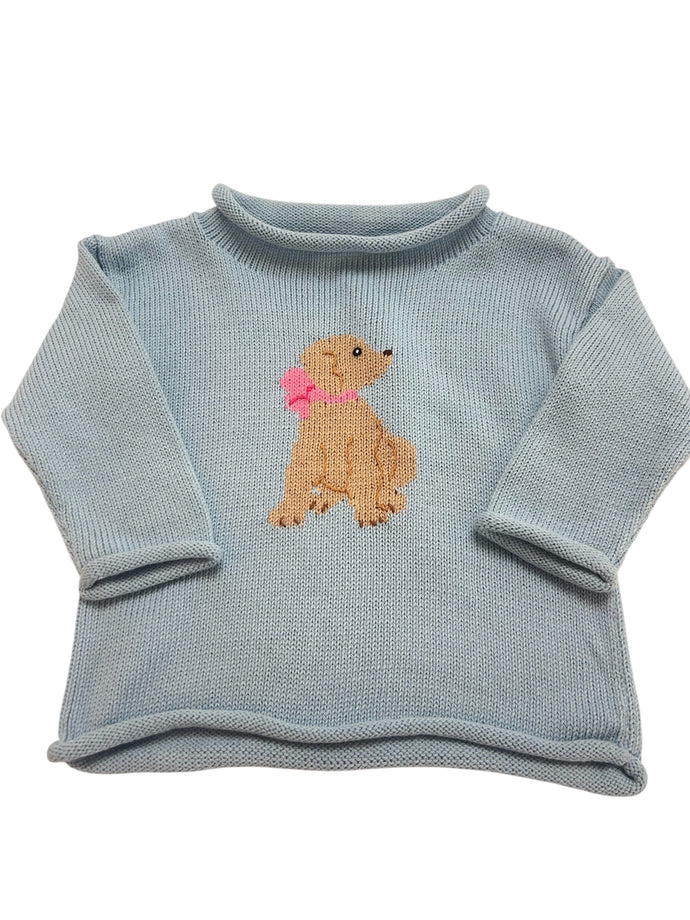 Girls Roll Neck Sweater, Puppy on Blue