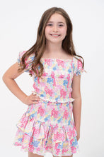 BLOOMING DITZY'S PRINT PUFF ELASTIC SLV SMOCKED TOP AND SMOCKED TIERED SKIRT SET