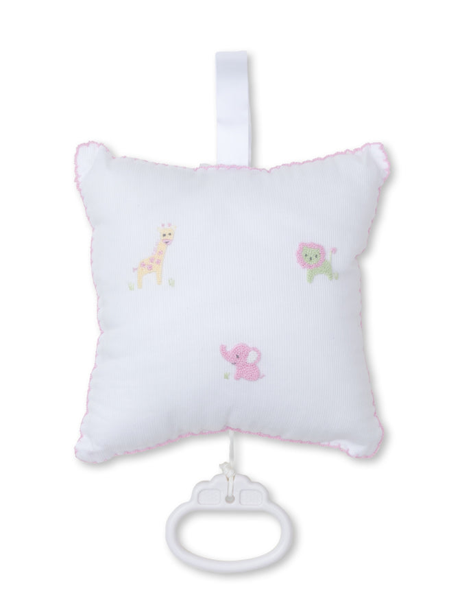 Jungle Friends White/Pink Hand Embroidered Musical Pillow