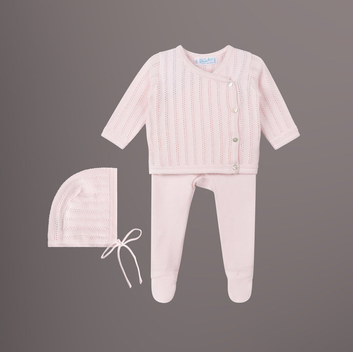 Pink Pointelle Knit Wrap Set With Hat