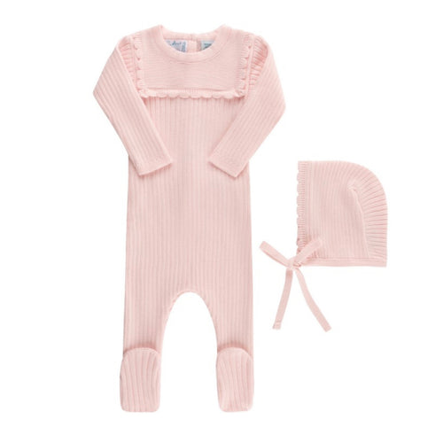 Scallop Trimmed Rib Knit Romper & Bonnet