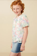 Girls Sequined Floral Applique Bubble Sleeve Top