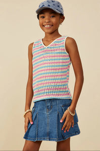 Girls Open Knit Multi Stripe Boxy Tank