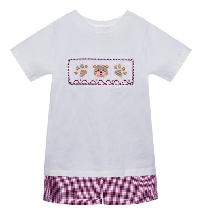 Bulldog Maroon/White Smocked Boy Short Set