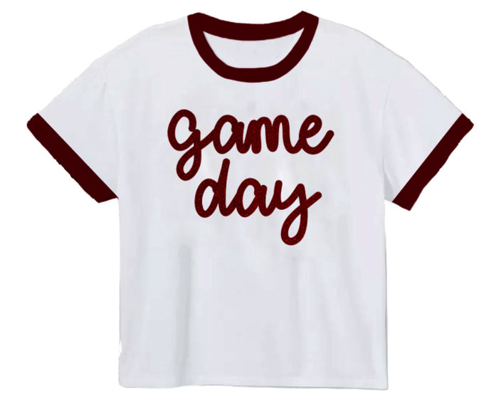 Tinsel Game Day Ringer Boxy T' Maroon