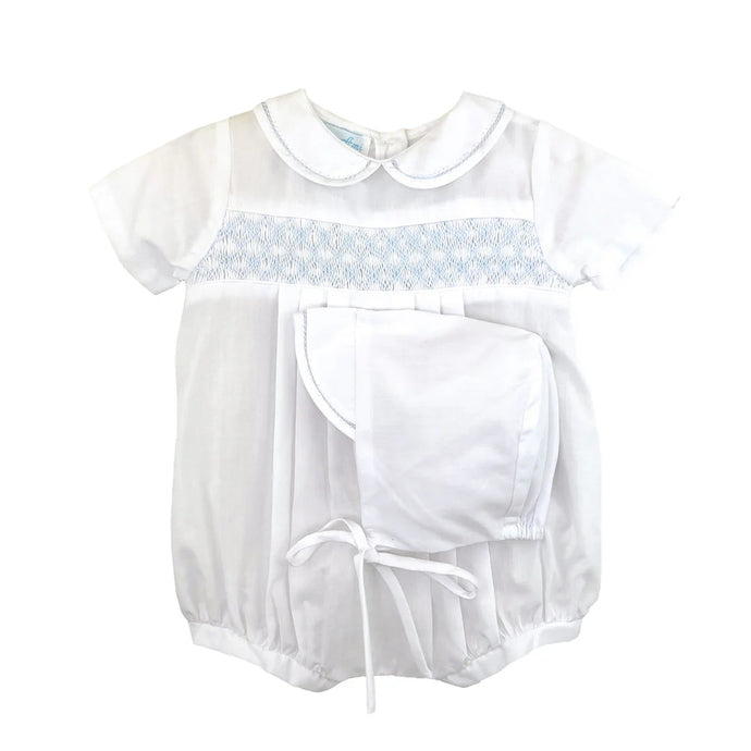 White Boy Bubble with Blue Smocking Detail