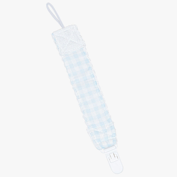 Paty Knit Pacifier Clip, Blue Check Trim