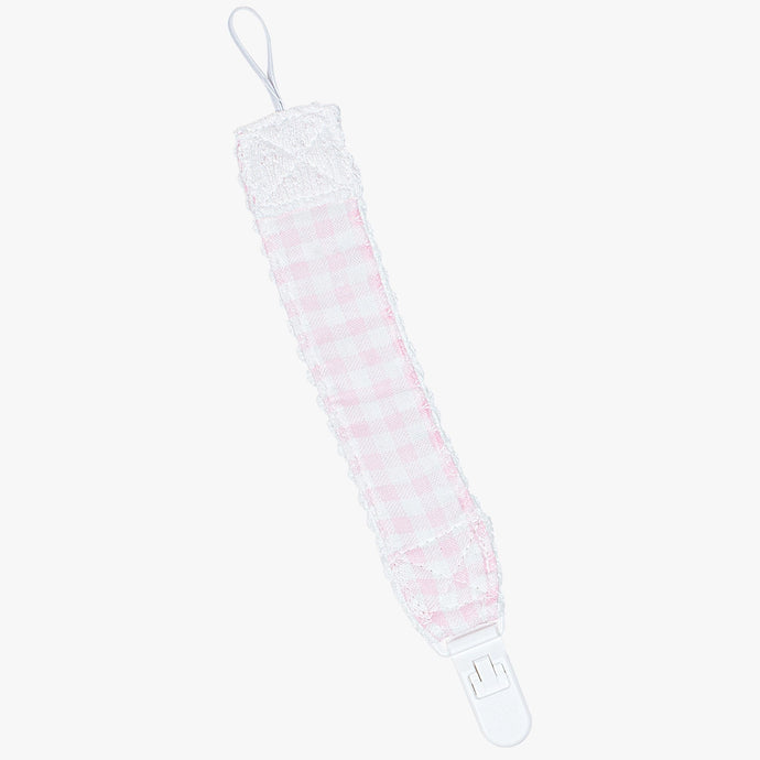 Paty Knit Pacifier Clip, Pink Check Trim