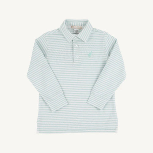 Long Sleeve Prim & Proper Polo 
Old Greenwich Green Stripe with Tonal Stork