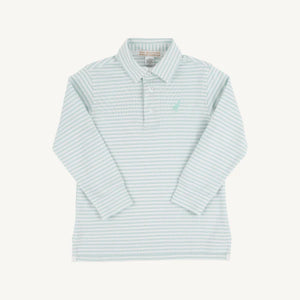 Long Sleeve Prim & Proper Polo 
Old Greenwich Green Stripe with Tonal Stork