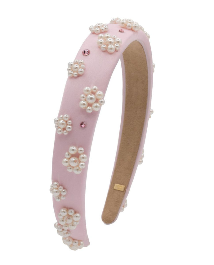 crystallized flower pearl thin satin headband