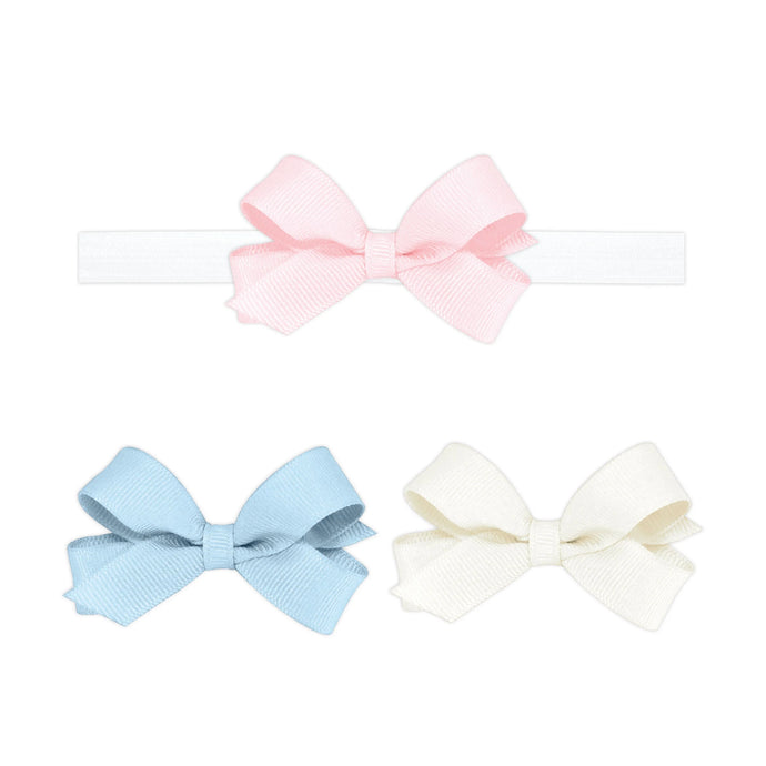 3pk Tiny Bows, white, pink, blue with Baby Band