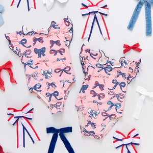 Girls Jennifer Swim Suit Pink Patriotic Bows