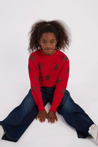 Girls Knitted Sweater Red with Gold Stars