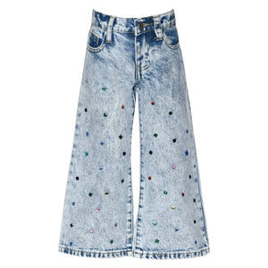 Acid Wash Denim Pants w/Rhinestones
