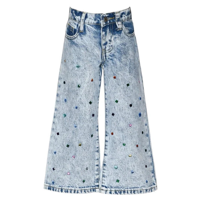 Acid Wash Denim Pants w/Rhinestones