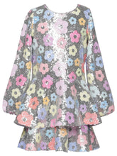 Flower Sequin with Tiered Skirt Long Sleeve Dress