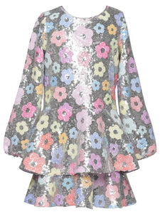 Flower Sequin with Tiered Skirt Long Sleeve Dress