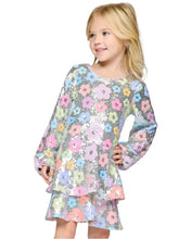 Flower Sequin with Tiered Skirt Long Sleeve Dress