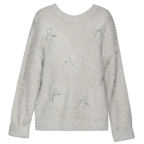 Grey Fuzzy Sequin Bow Sweater