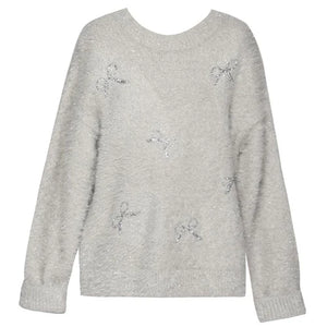 Grey Fuzzy Sequin Bow Sweater