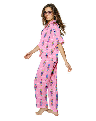 Adult Silky Graffiti Nutcracker Pink Short Sleeve Pant Set