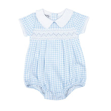 Blue Mini Checks Smocked Collared Short Sleeve Boy Bubble