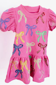 Kids Pink Multi Bow Poof Sleeve Dress