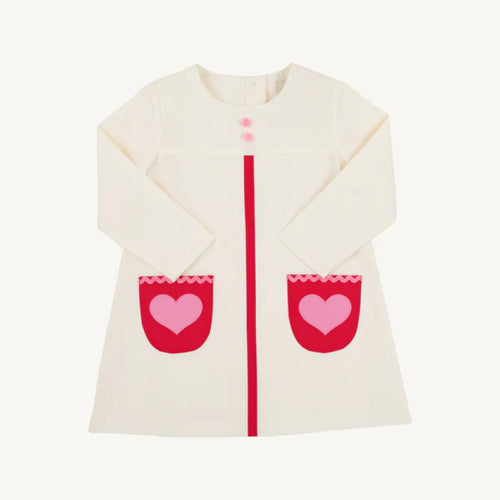 Long Sleeve Peggy's Pocket Dress Palmetto Pearl with Richmond Red & Hamptons Hot Pink Heart Pockets