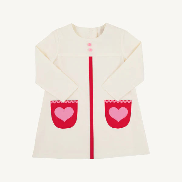 Long Sleeve Peggy's Pocket Dress Palmetto Pearl with Richmond Red & Hamptons Hot Pink Heart Pockets
