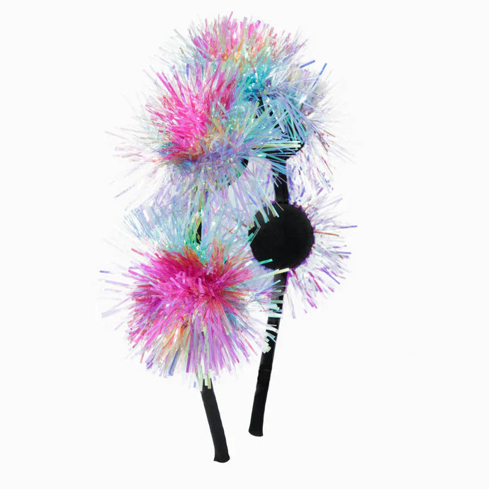Pom Pom Tinsel Headband in Pastel Rainbow