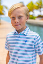 Prim & Proper Polo Worth Avenue White, Belhaven Blue, & Wood Boat Blue Stripe with Wood Boat Blue Stork