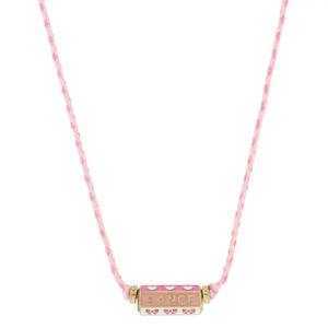 KIDS 6-SIDED ENAMEL CYLINDER BAR, WHITE HEARTS, "DANCE", PINK BOWS NECKLACE