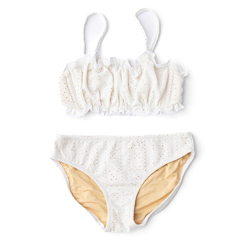 White Eyelet Girls Smocked Two Piece Swimsuit